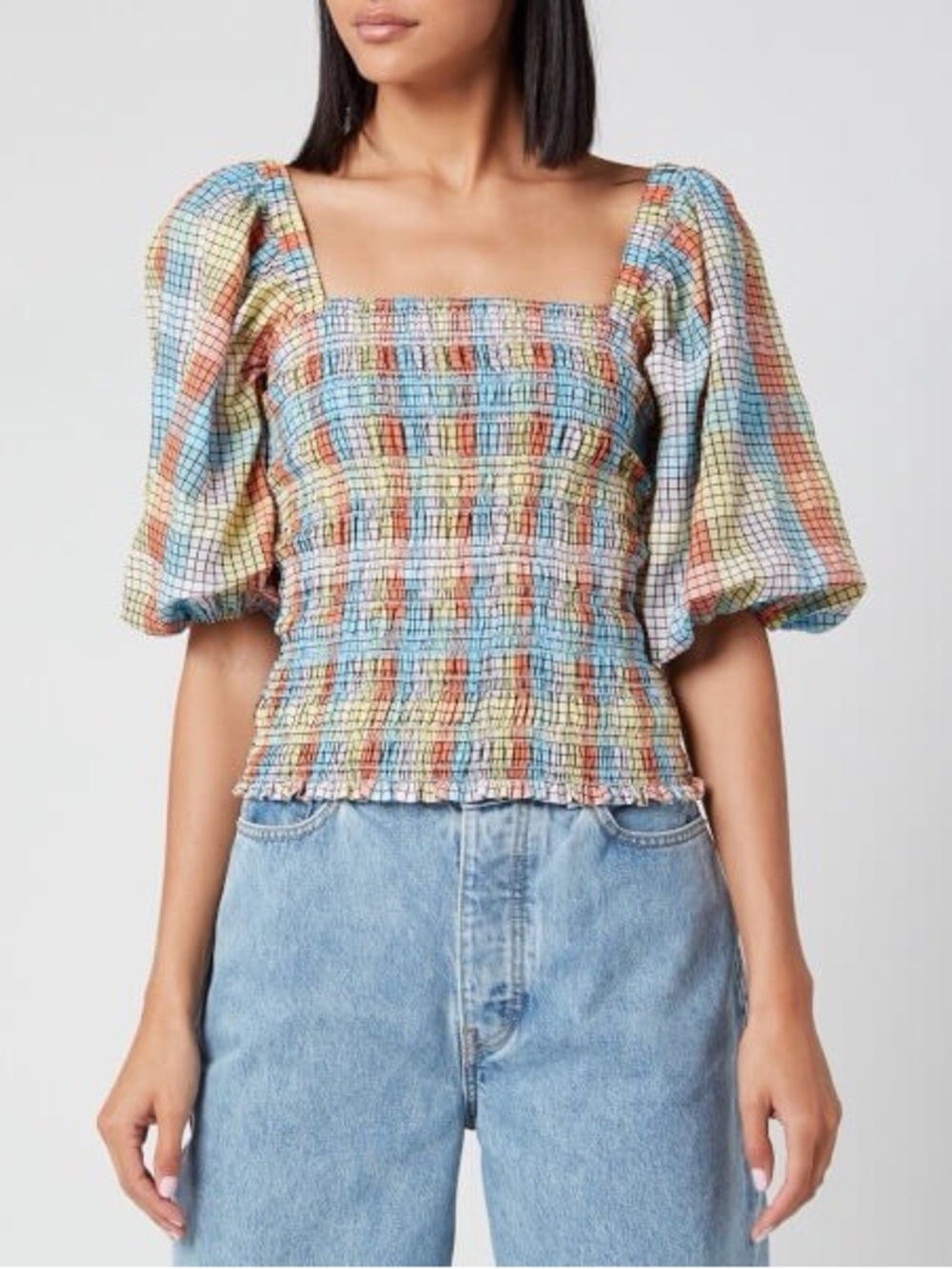 GANNI sz 42 US L 10-12 Seersucker Check Puff-Sleeve Top Blouse